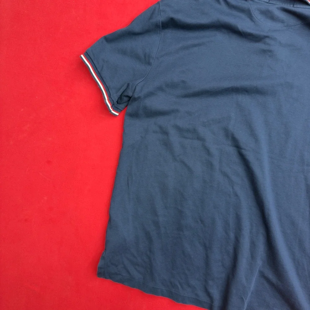VTG Polo Ralph Lauren Mens Navy Blue Striped Trim Polo Shirt Red Pony Logo Large